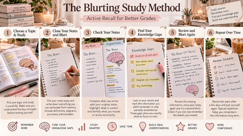 Step-by-step Blurting Study Method infographic showing how to study a topic, recall information from memory, identify knowledge gaps, review mistakes and repeat using active recall.