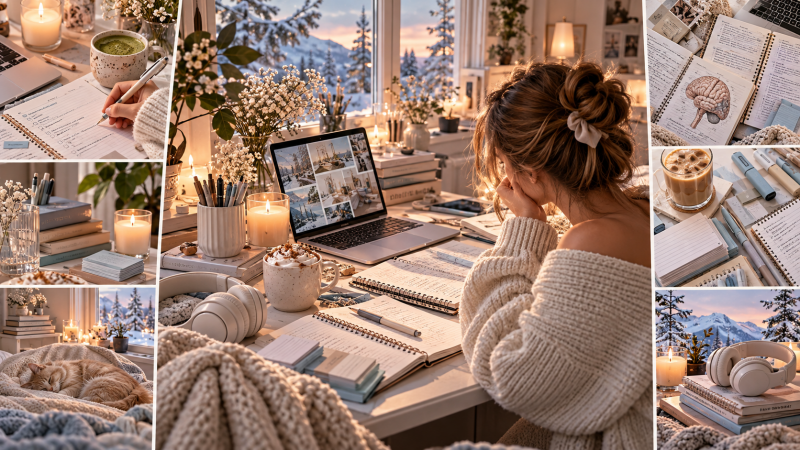Cozy study aesthetic collage with student, laptop, study notes, flashcards and stationery illustrating the Blurting Study Method and active recall for exam preparation.