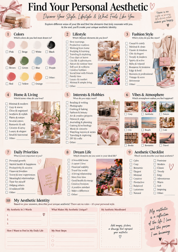 Find Your Personal Aesthetic – Free Aesthetic Quiz & Self Discovery Worksheet (A4 Printable)