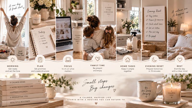 Calm working mom daily routine showing morning planning, focused work, family time, home tasks, evening reset and rest for a balanced work from home life.
