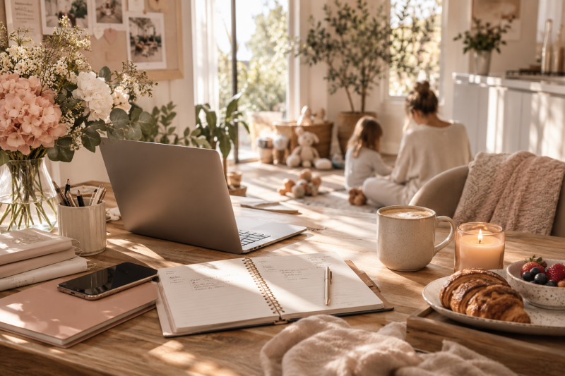 Calm work from home mom routine with a cozy home office, planner, laptop and children in a warm organized family space.