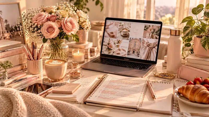 Cozy aesthetic study desk with an open notebook, laptop, coffee and pink flowers in warm natural sunlight, creating an inviting space for focused studying.