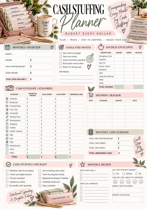 Cash Stuffing Planner Printable | Cash Envelope Budget Tracker & Money Saving Binder