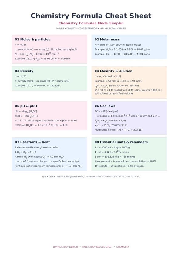 Chemistry Formula Cheat Sheet | Chemistry Study Guide, Essential Formulas & Free Printable