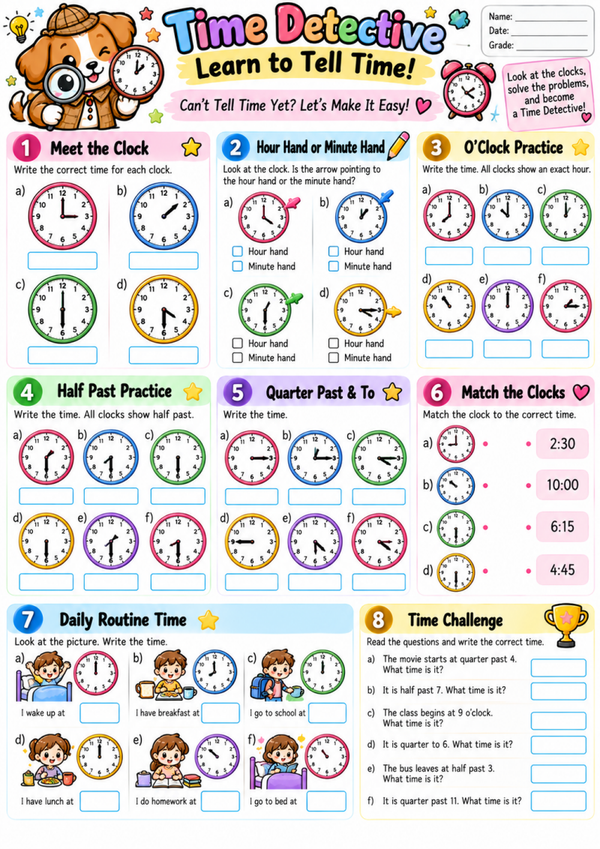 Free Telling Time Worksheets for Kids | Clock Practice, 1st & 2nd Grade Math Activities