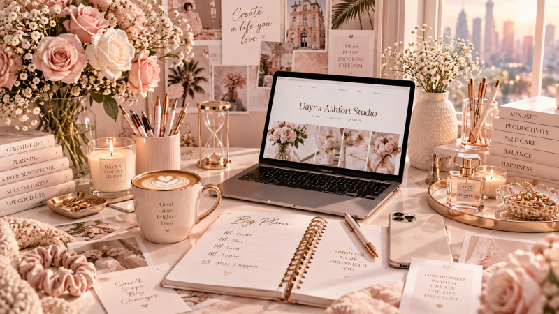 Feminine digital creator workspace with laptop, planner, flowers and rose gold details representing creativity, digital planning and the aesthetic world of Dayna Ashfort Studio.
