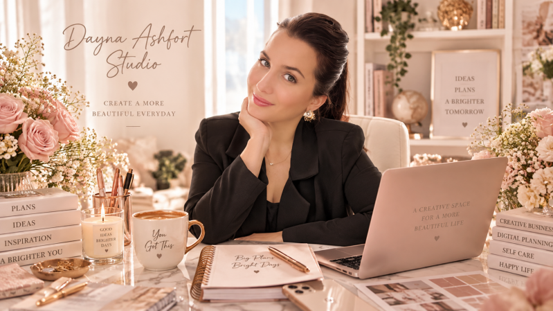 Founder of Dayna Ashfort Studio in a feminine creative workspace with laptop, planner and blush decor, representing digital planning, creativity and online business.