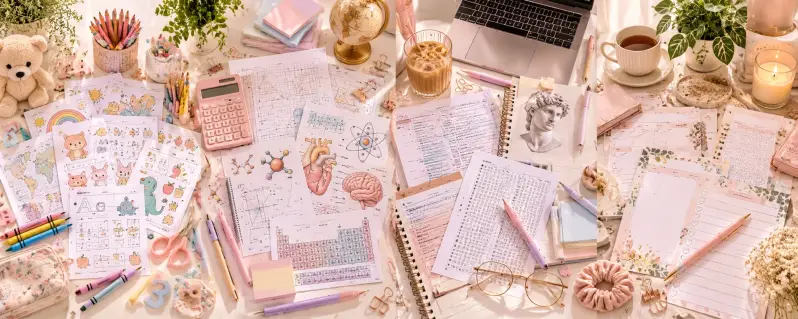 Pastel aesthetic study desk collage featuring printable kids' worksheets, math formulas, science study notes, college learning materials and adult study planners with books, stationery and a laptop for Dayna Study Library.