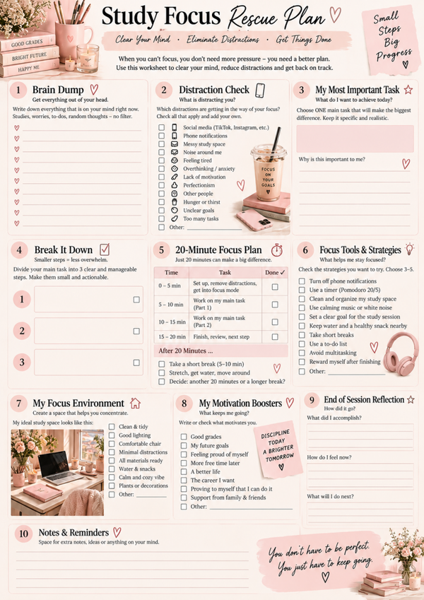 Study Focus Rescue Plan – Free Printable Study Planner & Concentration Worksheet (A4)