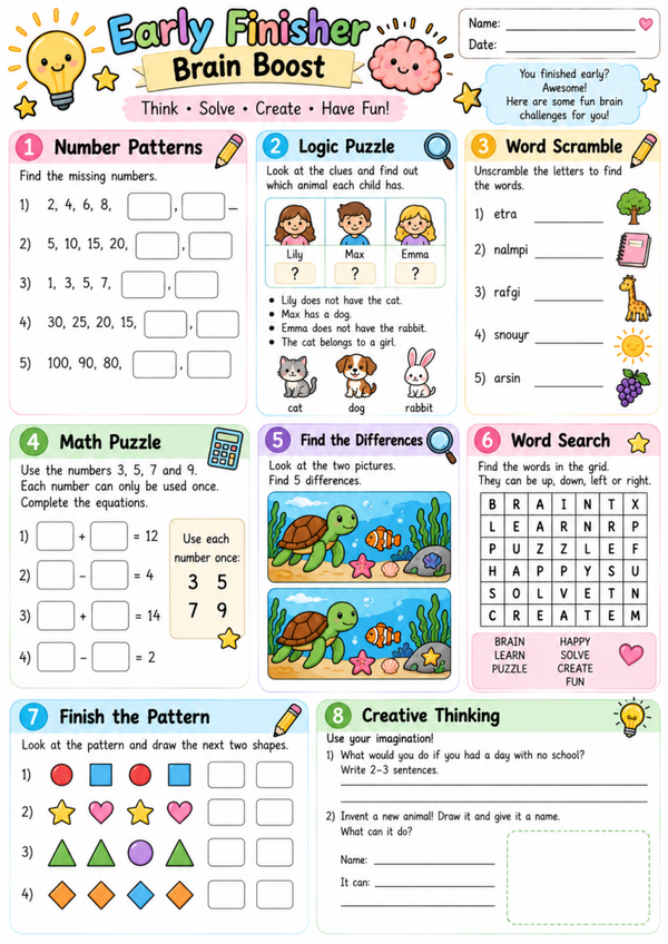 Free Early Finisher Activities for Kids | Brain Teasers, Logic Puzzles & Fun Worksheets