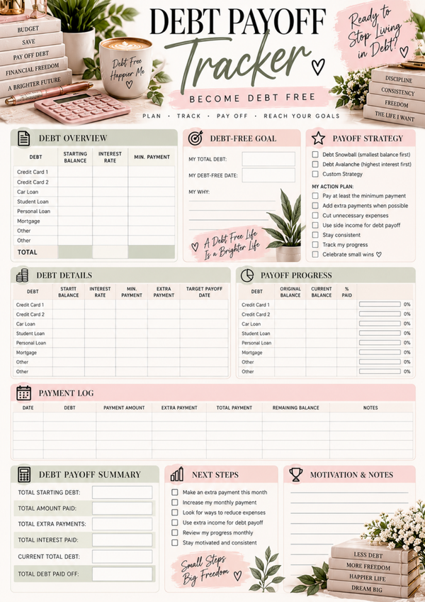 Debt Payoff Tracker Printable | Debt Snowball Worksheet, Debt Free Planner & Budget Tracker