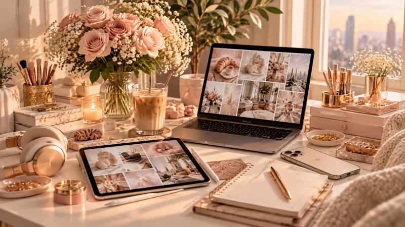 Aesthetic digital declutter workspace with laptop, tablet, smartphone, planner and organized desk in warm neutral tones.
