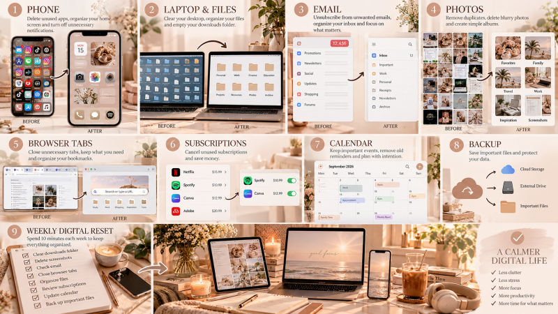 Digital declutter checklist showing how to organize your phone, laptop, email, photos, browser tabs, subscriptions, calendar and files for a calmer digital life.