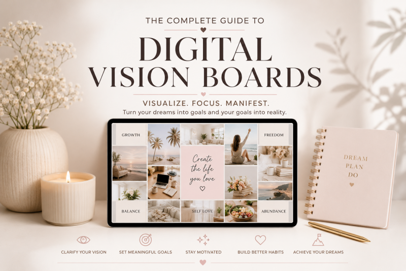 Minimalist digital vision board workspace with planner, tablet and inspiring lifestyle elements.