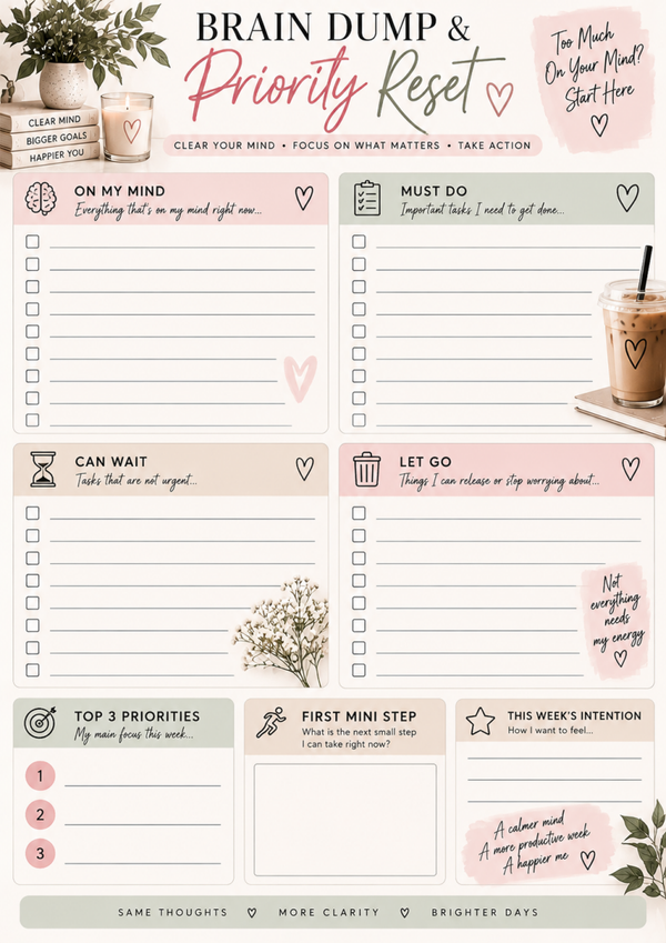 Free Brain Dump Worksheet Printable | Priority Reset Planner PDF