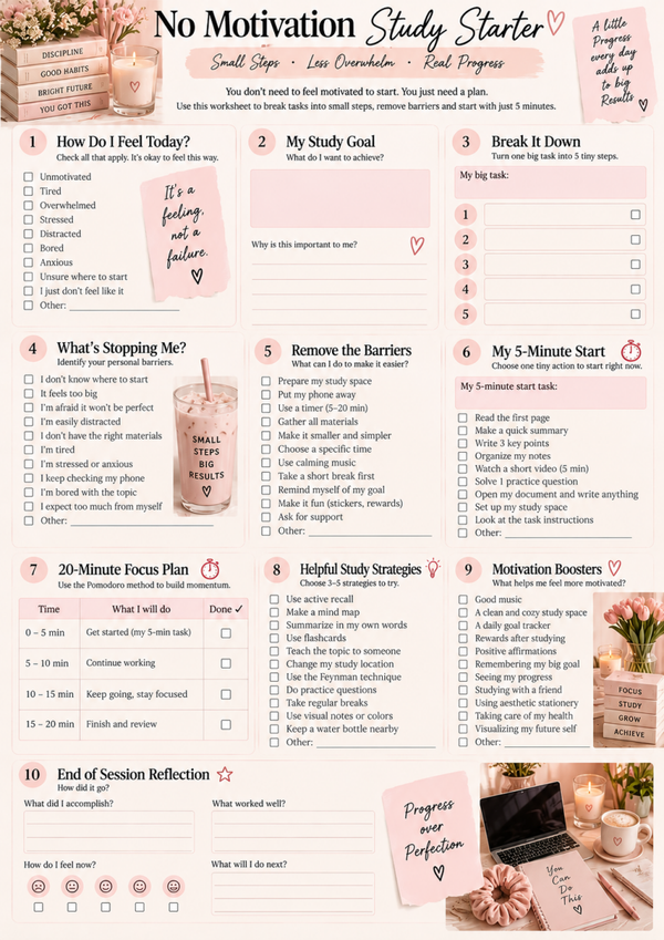No Motivation Study Starter – Free Printable Study Motivation Worksheet & Planner (A4)