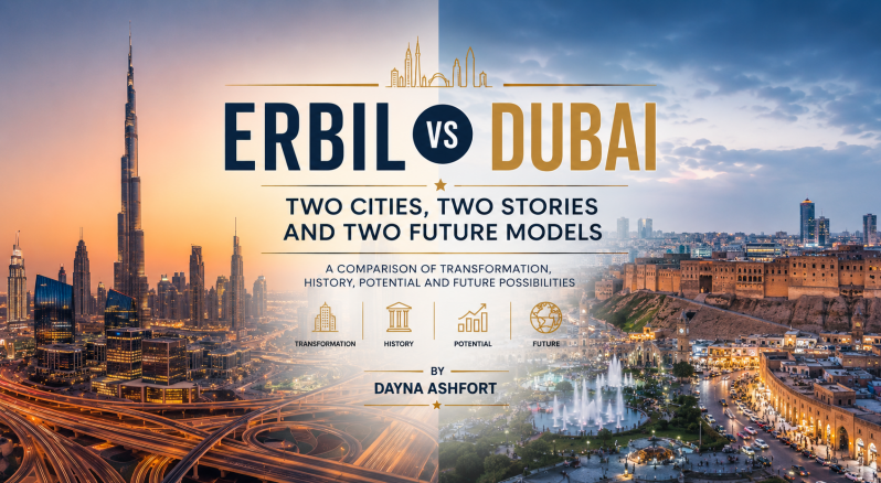 Erbil and Dubai skyline comparison featuring modern architecture, historic landmarks, urban development, and future growth opportunities in the Middle East.