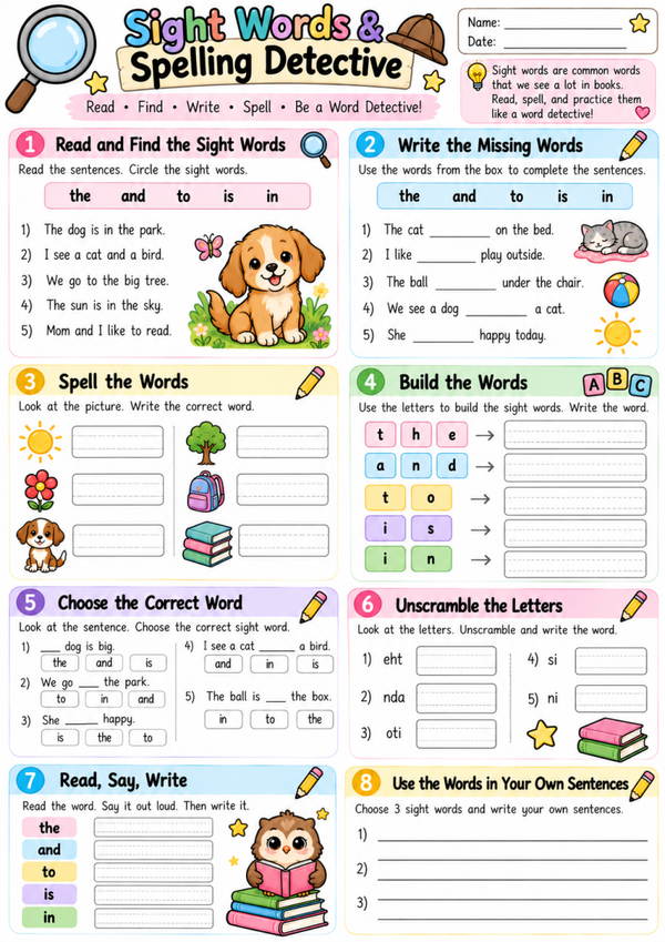 Free Sight Word Worksheets for Kindergarten & 1st Grade | Reading and Spelling Practice