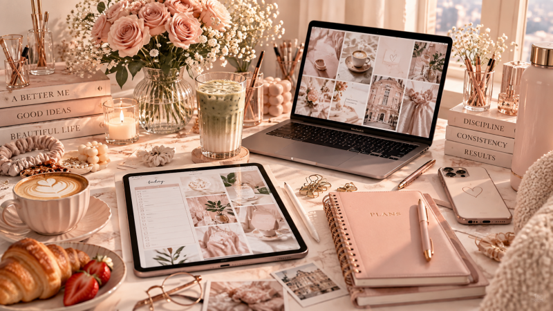 Feminine digital aesthetic workspace with laptop, tablet, planner, coffee and blush pink desk accessories for study, business, productivity and digital planning inspiration.
