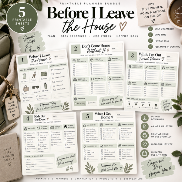 Before I Leave the House Planner Bundle | 5 Printable Checklists & Errand Planner PDF Sheets