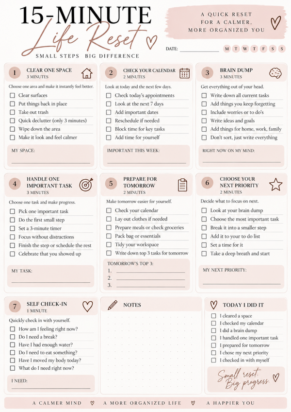 15 Minute Life Reset Printable | Quick Organization & Reset Checklist