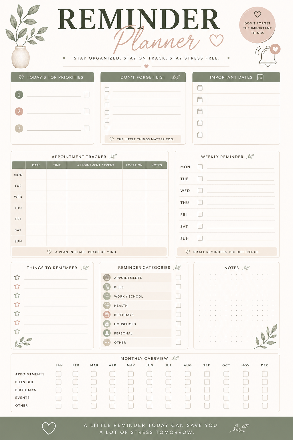 Reminder Planner Printable | Appointment Tracker, Important Dates & Weekly Reminder