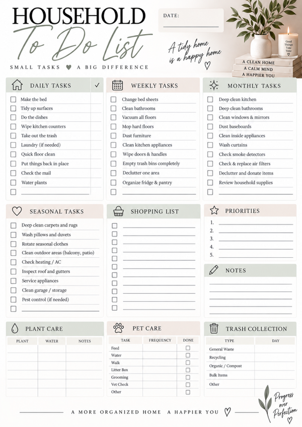 Household Planner Printable | Cleaning Checklist & Home Organization To Do List