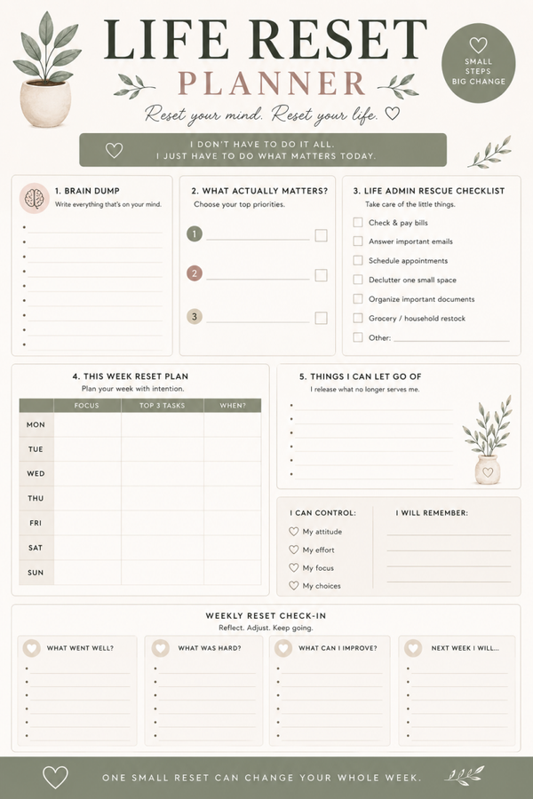 Life Reset Planner Printable | Brain Dump, Weekly Reset & Priority Planner