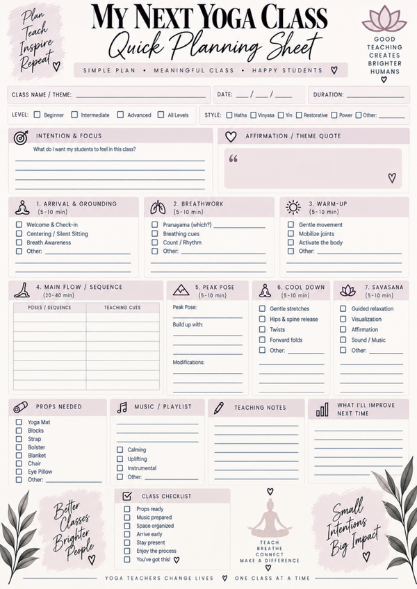Yoga Class Planner Printable | Yoga Teacher & Sequence Planning Sheet