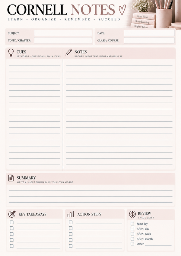 Cornell Notes Template – Free Note Taking & Study Notes Printable