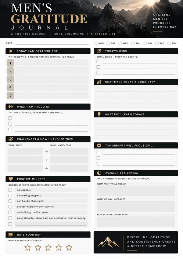 Men’s Gratitude Journal Printable – Daily Reflection & Self Improvement Worksheet