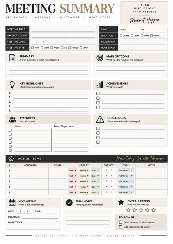 Meeting Planner Printable | Meeting Notes & Summary Template for Work