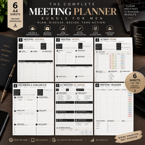 Meeting Planner Bundle for Men | 6 Printable Business Meeting PDF Sheets
