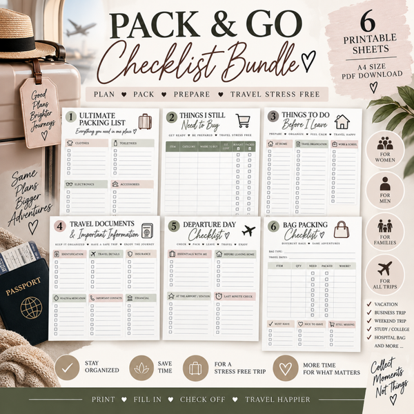 Packing List Printable Bundle – Travel Checklist & Vacation Packing List | 6 PDF Sheets