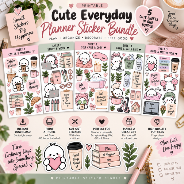 Cute Everyday Planner Stickers Printable | Kawaii Sticker Bundle, Self Care, Study, Coffee & Motivation Stickers