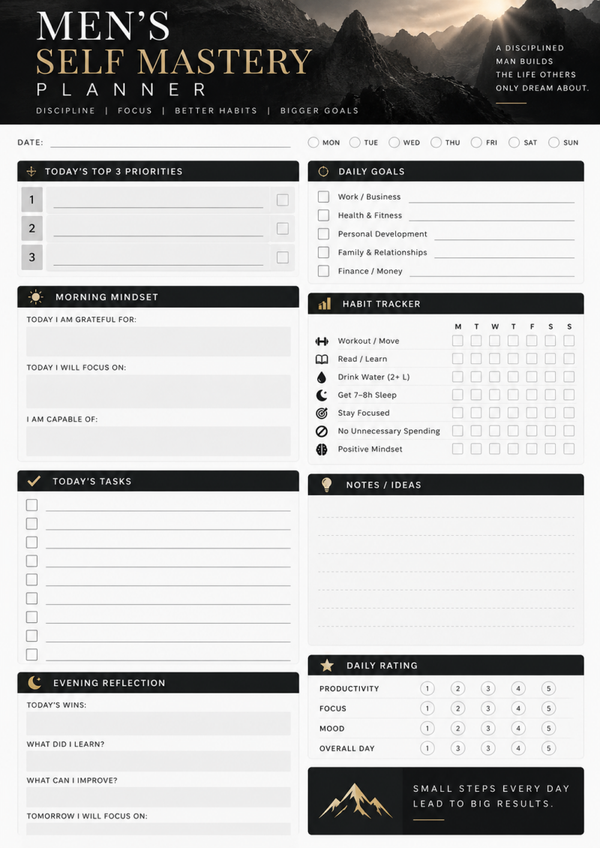 Men’s Self Mastery Planner Printable – Daily Productivity, Goals & Habit Tracker