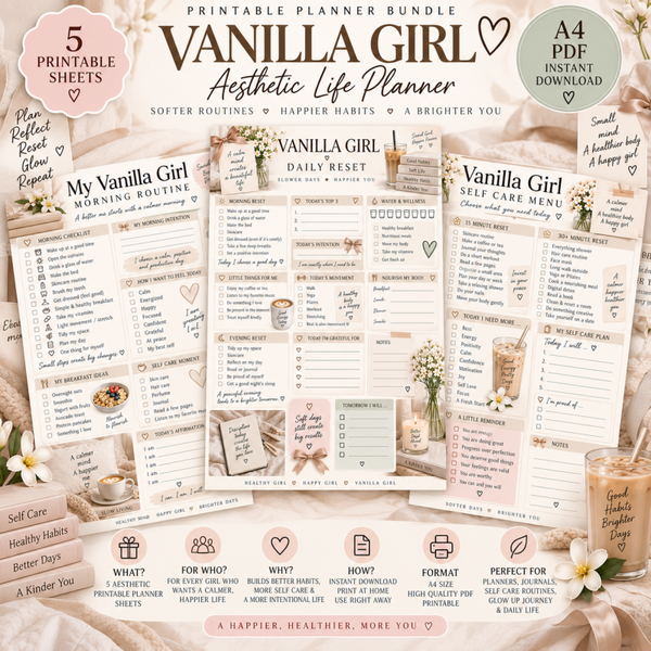 Vanilla Girl Planner Printable | Self Care Planner, Morning Routine & Daily Reset PDF