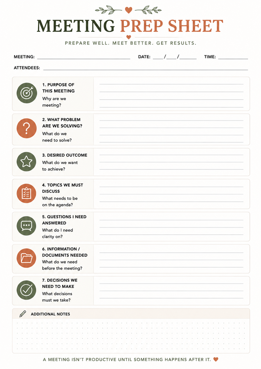 Meeting Prep Sheet Printable | Meeting Agenda Template, Business Meeting Planner & Meeting Notes