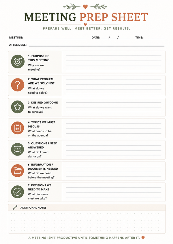 Meeting Prep Sheet Printable | Meeting Agenda Template, Business Meeting Planner & Meeting Notes