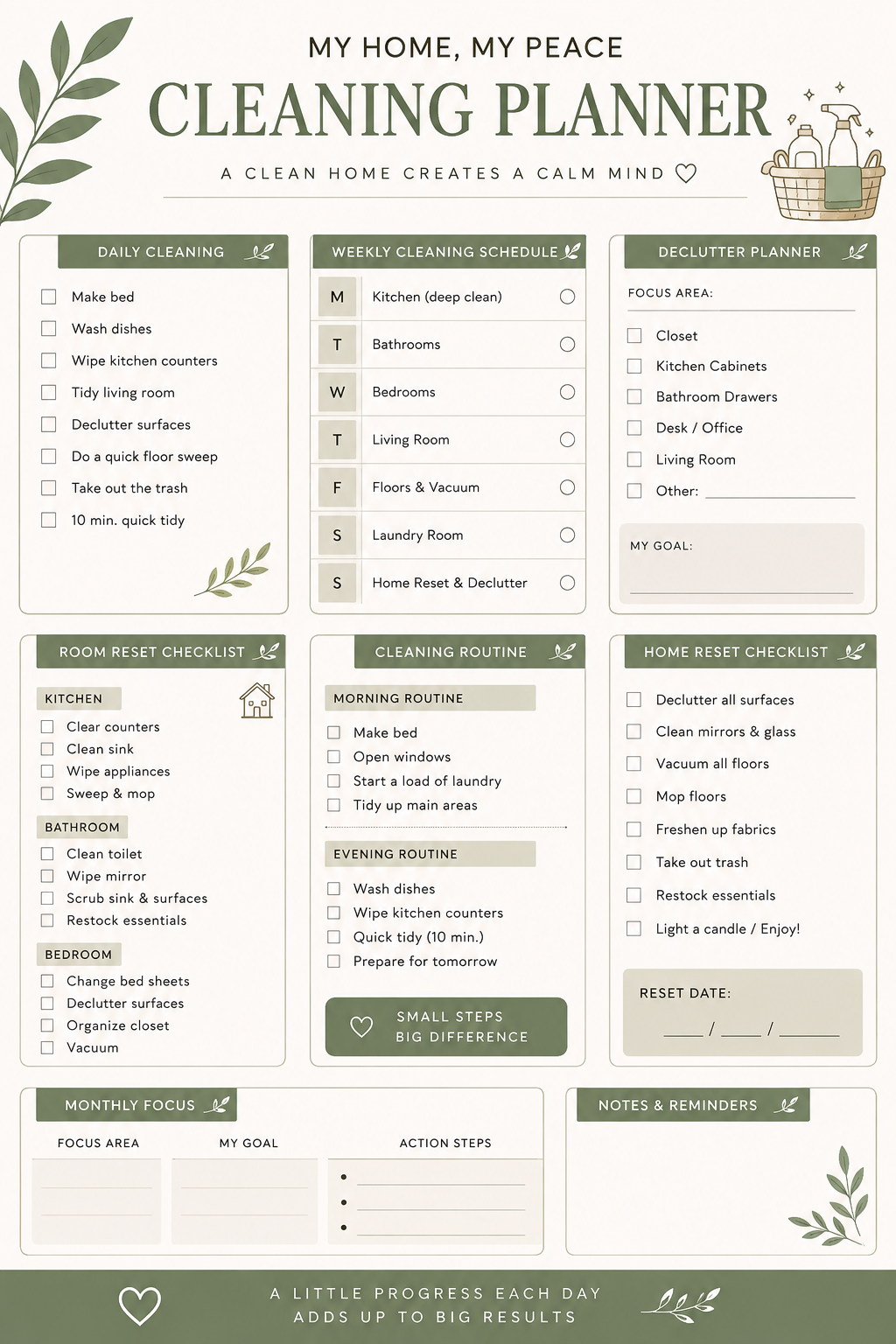 Cleaning Planner Printable | Weekly Cleaning Schedule, Declutter & Home Reset Checklist