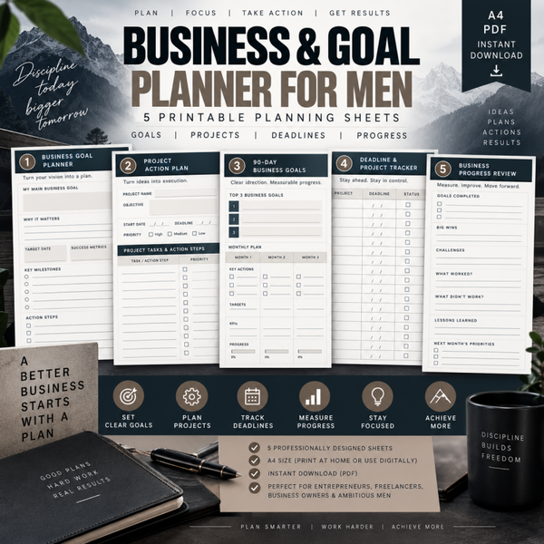 Business & Goal Planner for Men | Business Goals, Project Planner, 90 Day Goal & Progress Tracker Printable