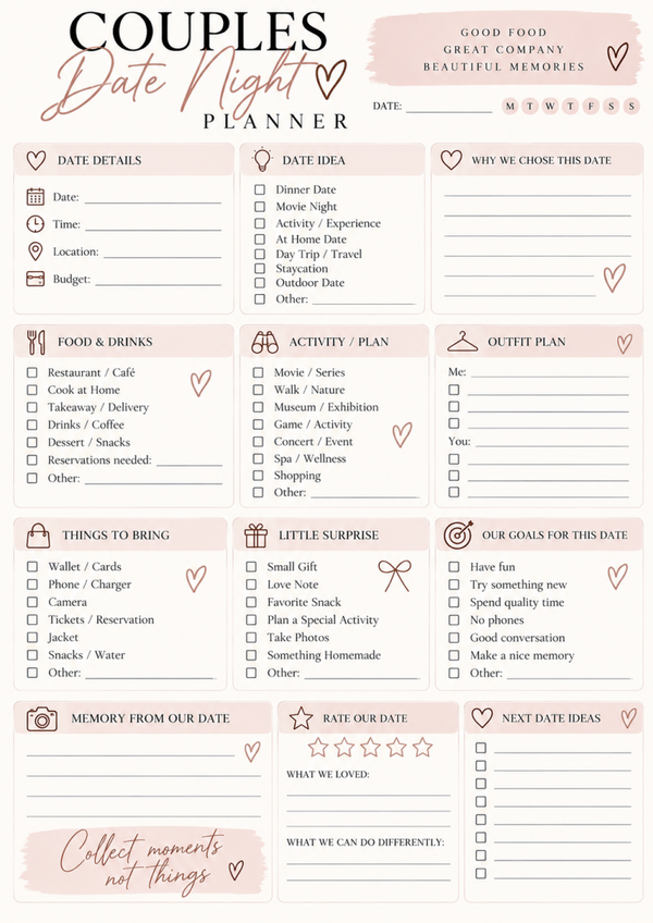 Couples Date Night Planner Printable | Romantic Date Ideas & Memories