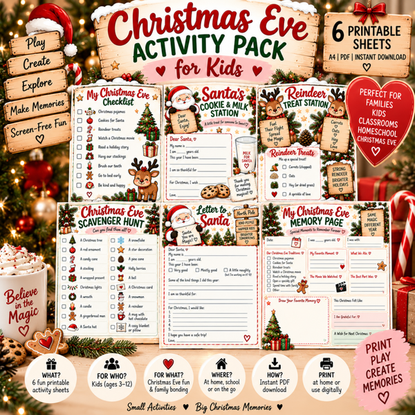 Christmas Eve Activity Pack for Kids | 6 Printable Christmas PDF Activities