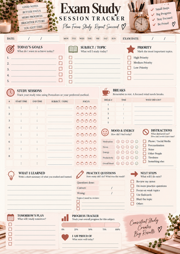 Free Exam Study Session Tracker Printable | Study Planner & Exam Revision Worksheet
