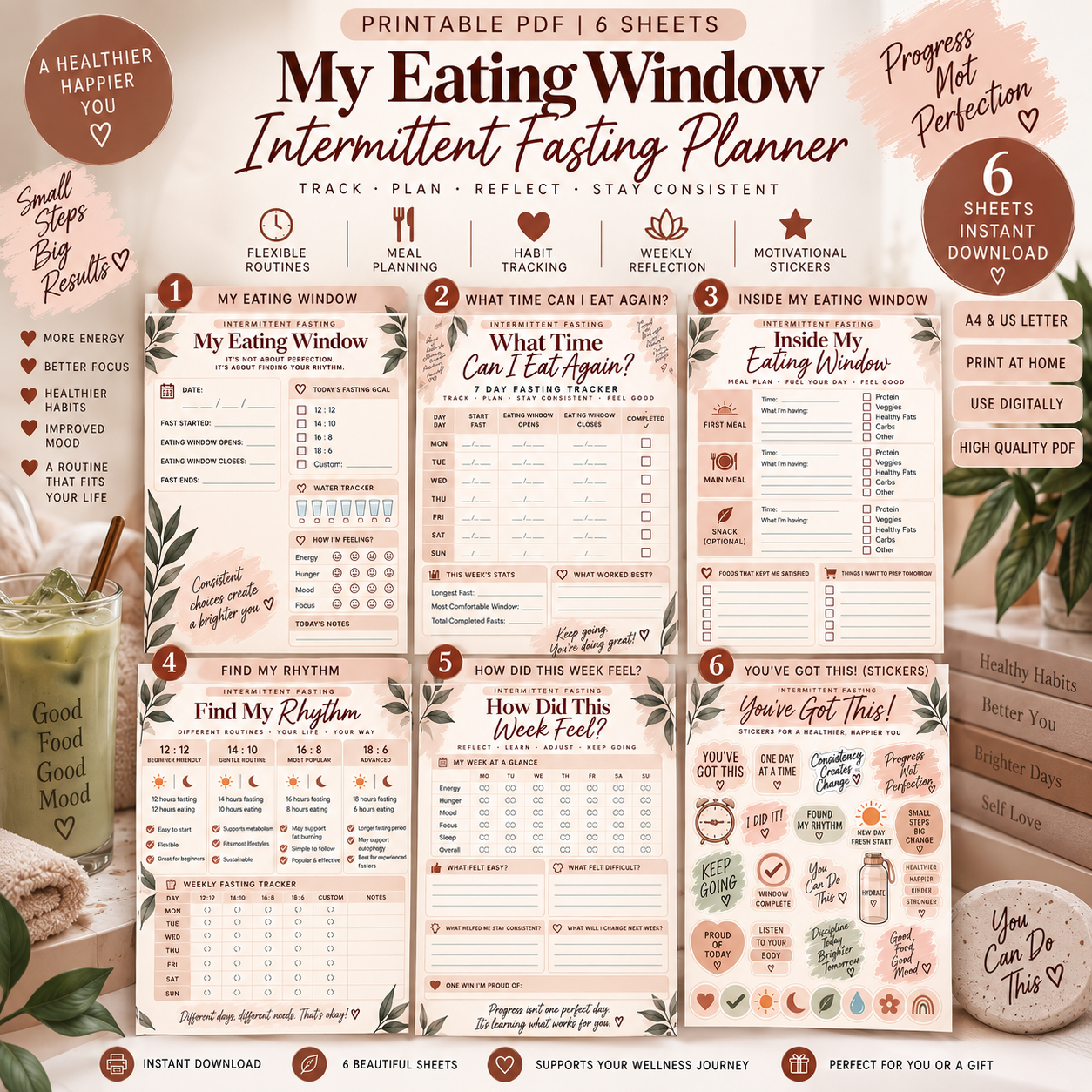 Intermittent Fasting Planner Bundle | 6 Printable Eating Window & Fasting Tracker PDF Sheets