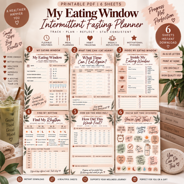 Intermittent Fasting Planner Bundle | 6 Printable Eating Window & Fasting Tracker PDF Sheets