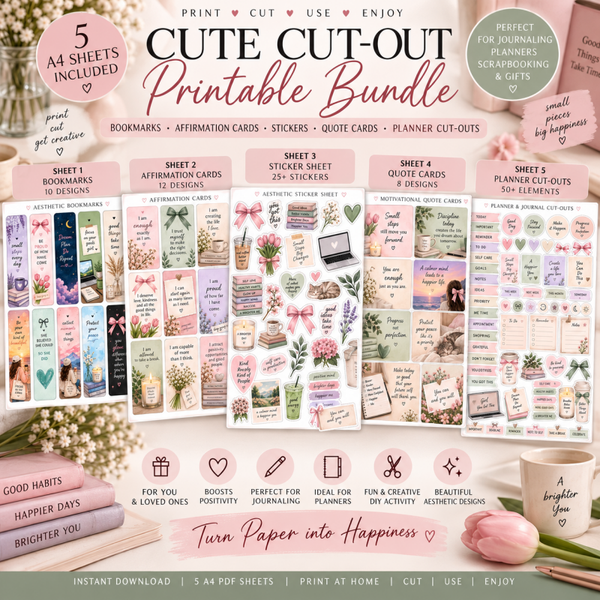 Cute Printable Cut Outs Bundle | Journal Stickers, Affirmation Cards, Bookmarks & Planner Cutouts