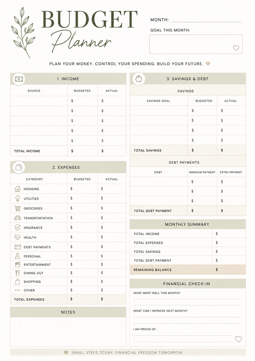 Free Monthly Budget Planner Printable – Income, Expenses & Savings Tracker