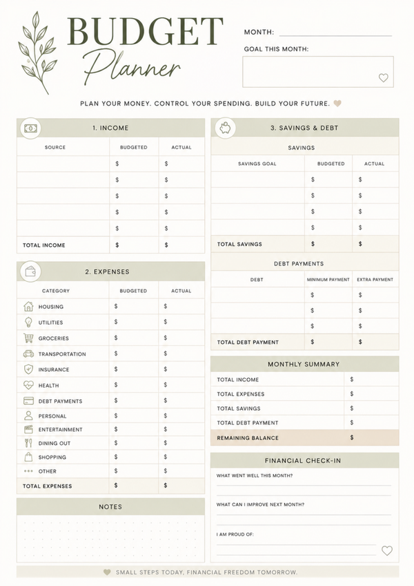Free Monthly Budget Planner Printable – Income, Expenses & Savings Tracker