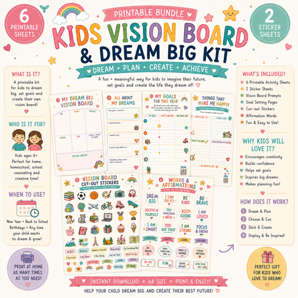 Kids Vision Board Printable Kit | Goal Setting Activities & Dream Board for Kids